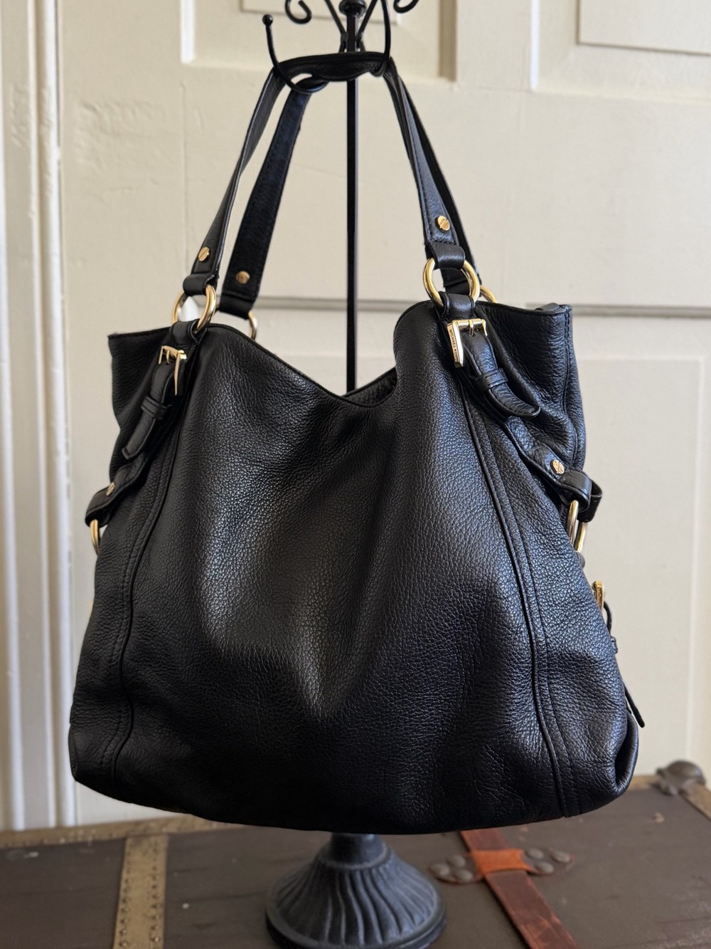 Michael Kors Black Pebbled Leather Shoulder Bag with Gold Hardware